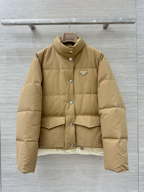 Prada Women's Beige Down Padded Cropped Jacket with Metal Logo & Pockets 1 Prada Women's Beige Down Padded Cropped Jacket with Metal Logo & Pockets