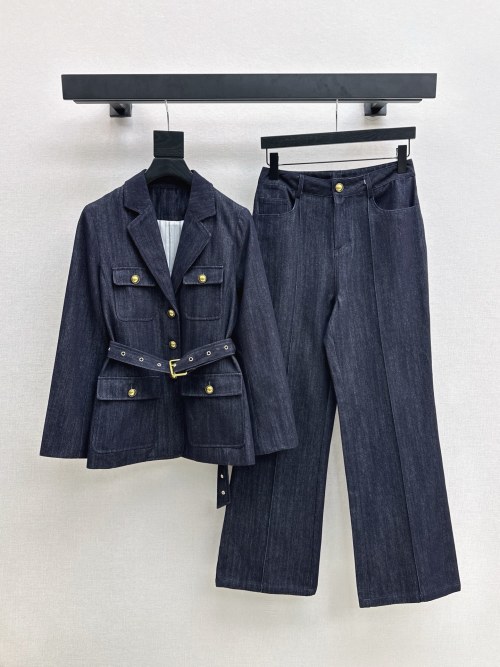 Denim Suit for Women, Belted Blazer Jacket and Wide Leg Pants Set 1 Denim Suit for Women, Belted Blazer Jacket and Wide Leg Pants Set