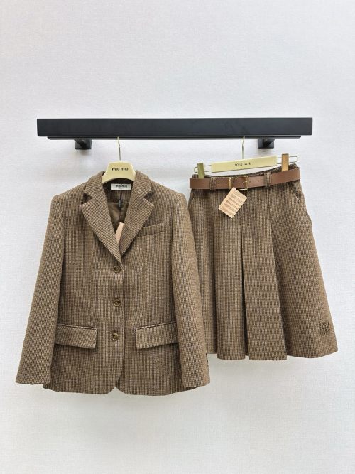 Miu Miu Houndstooth Wool Suit Set - Blazer and Pleated Skirt with Belt 1 Miu Miu Houndstooth Wool Suit Set - Blazer and Pleated Skirt with Belt