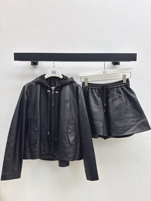 Loewe Lambskin Leather Hooded Jacket & Elastic Waist Shorts Set - Black 1 Loewe Lambskin Leather Hooded Jacket & Elastic Waist Shorts Set - Black
