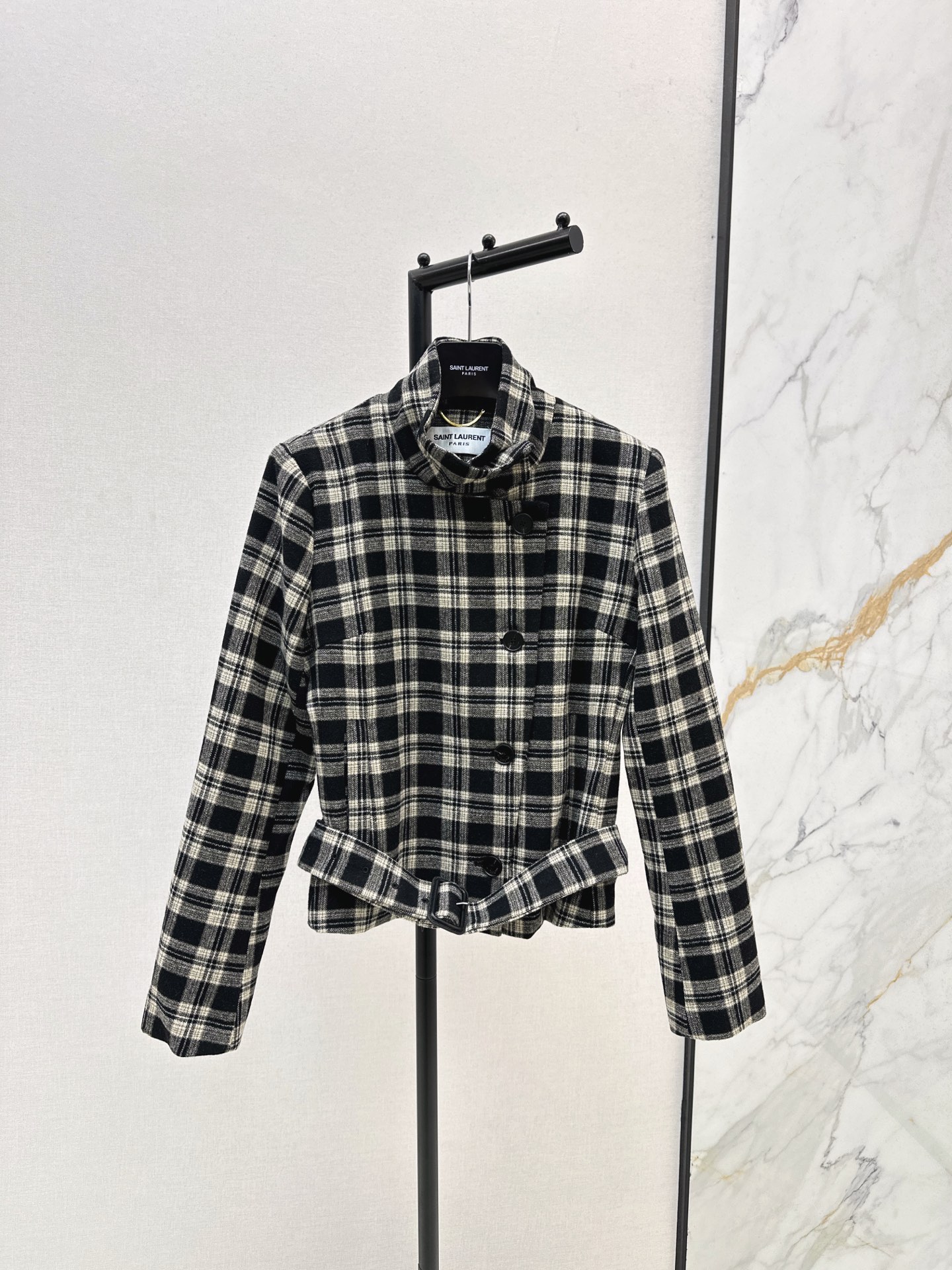 SAINT LAURENT Women's Wool Blend Plaid Belted Jacket - Retro Chic