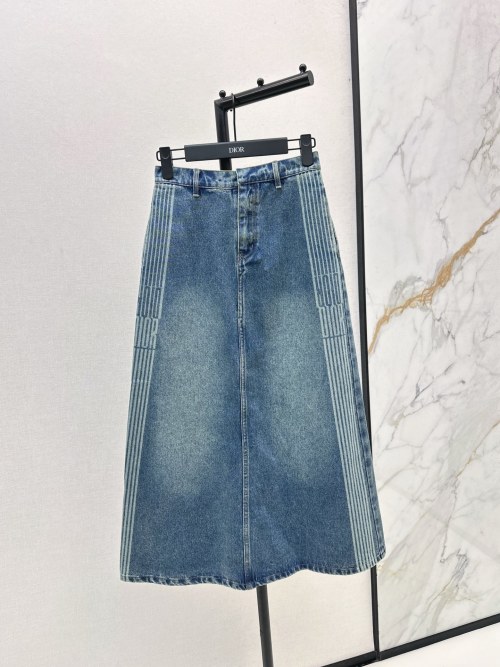 Dior Denim Midi Skirt A-Line Blue Vintage Wash with Logo Detail, Size S-L 21 Dior Denim Midi Skirt A-Line Blue Vintage Wash with Logo Detail, Size S-L