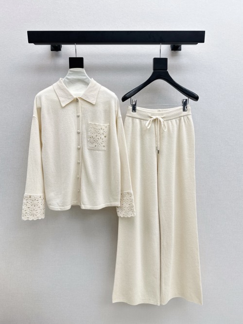Wool Knit Set with Crochet Detail Shirt Collar Sweater and Straight Pants 1 Wool Knit Set with Crochet Detail Shirt Collar Sweater and Straight Pants