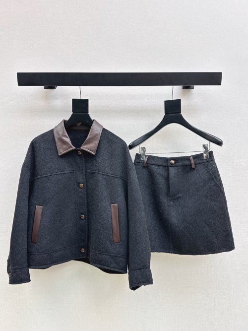 Women's Double-Faced Woolen Suit - Color Block Lapel Jacket & A-Line Skirt 1 Women's Double-Faced Woolen Suit - Color Block Lapel Jacket & A-Line Skirt