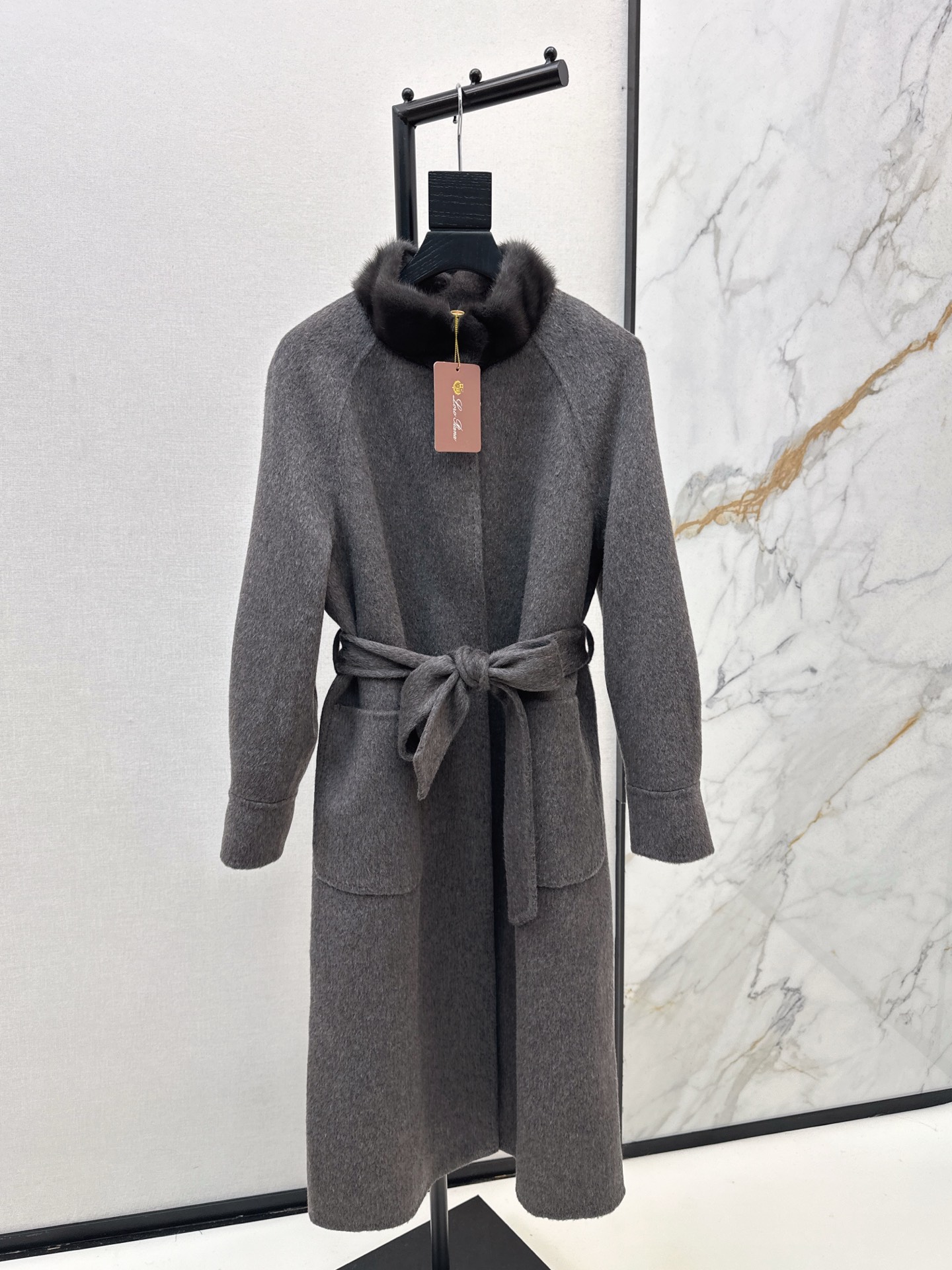 Elegant Mink Collar Wool Coat in Grey | Belted Winter Overcoat