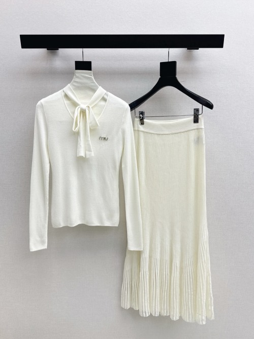Miu Miu Ribbed Wool Blend Knit Set with Tie Neck Top and Midi Skirt 8 Miu Miu Ribbed Wool Blend Knit Set with Tie Neck Top and Midi Skirt