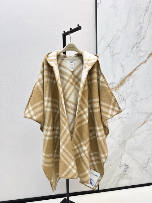 Burberry Women's Reversible Check Wool Cape Hooded Poncho, Beige/White 1 Burberry Women's Reversible Check Wool Cape Hooded Poncho, Beige/White