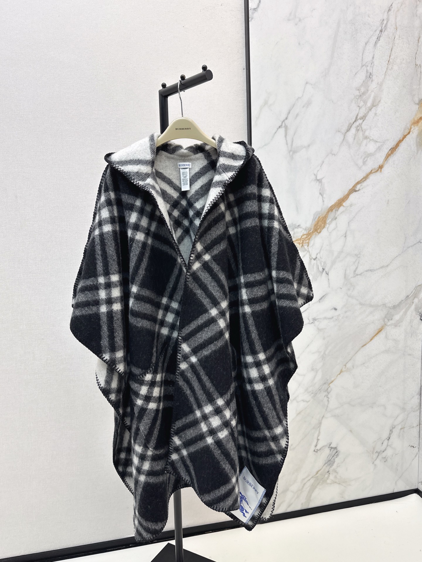 Burberry Wool Blend Hooded Cape - Iconic Check Pattern, Reversible Design
