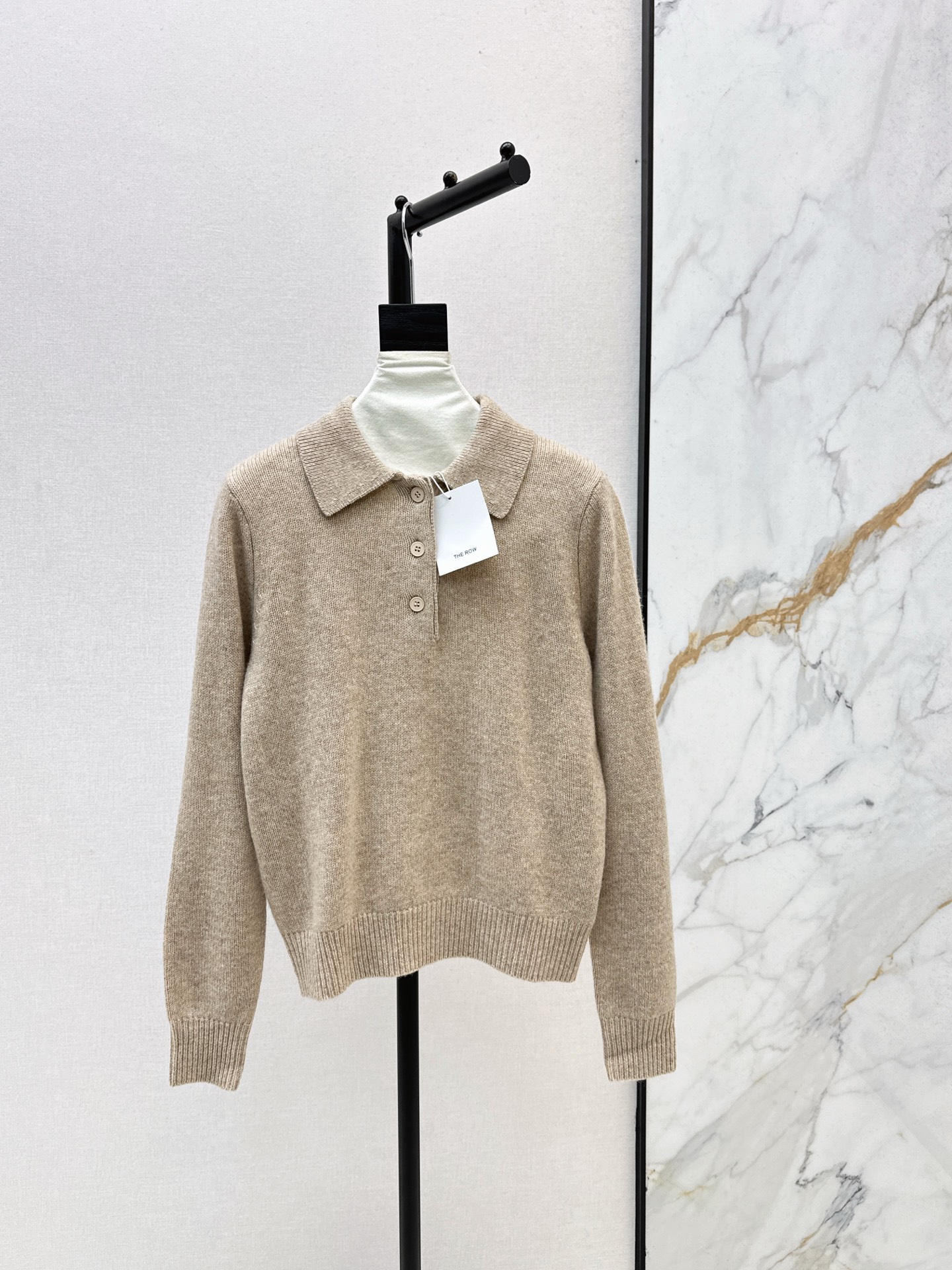 The Row Women's Wool Knit Polo Shirt Casual Long Sleeve Beige