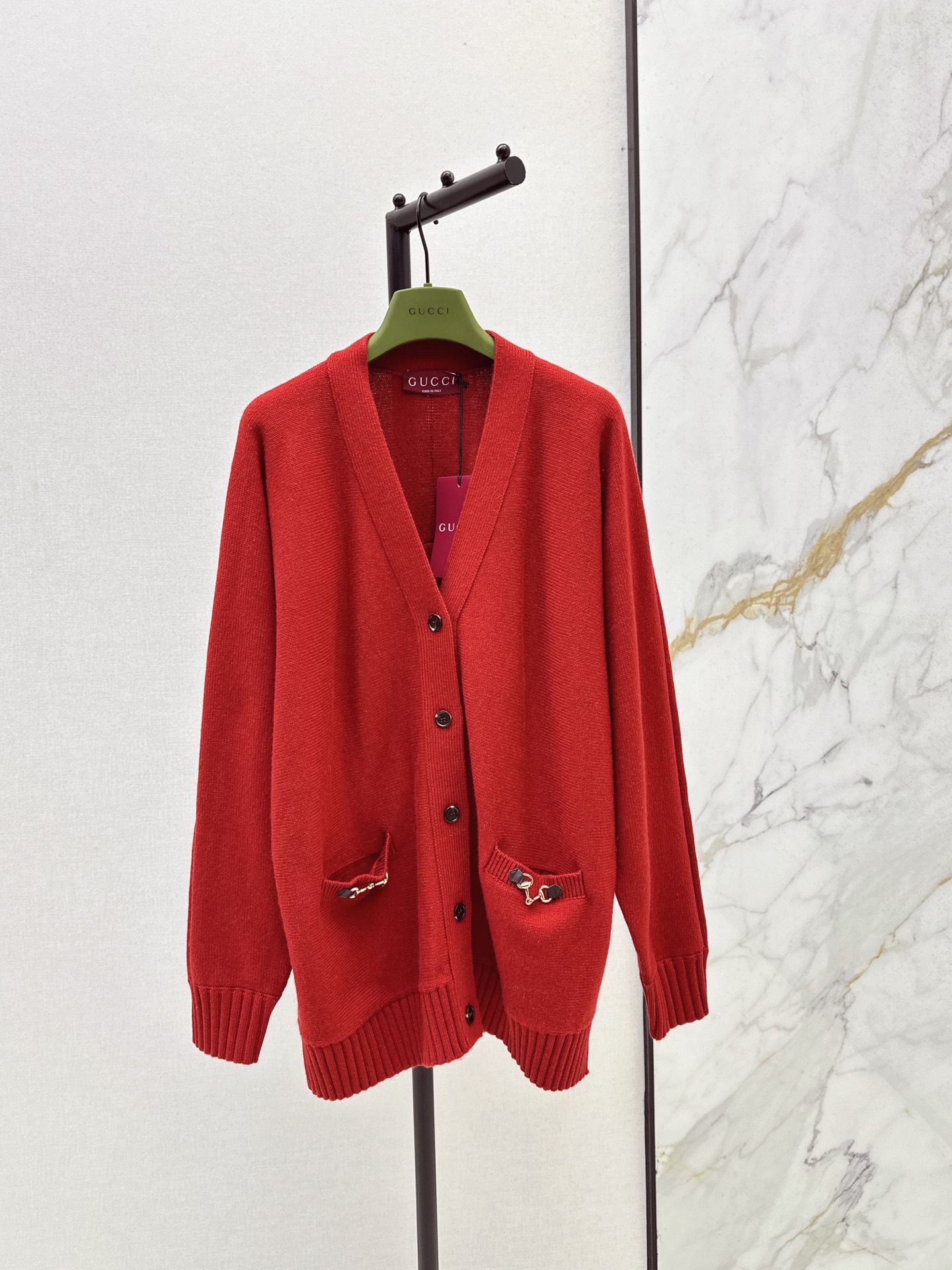 Gucci Cardigan Wool Red Horsebit Pocket Knitwear Autumn Winter - Women