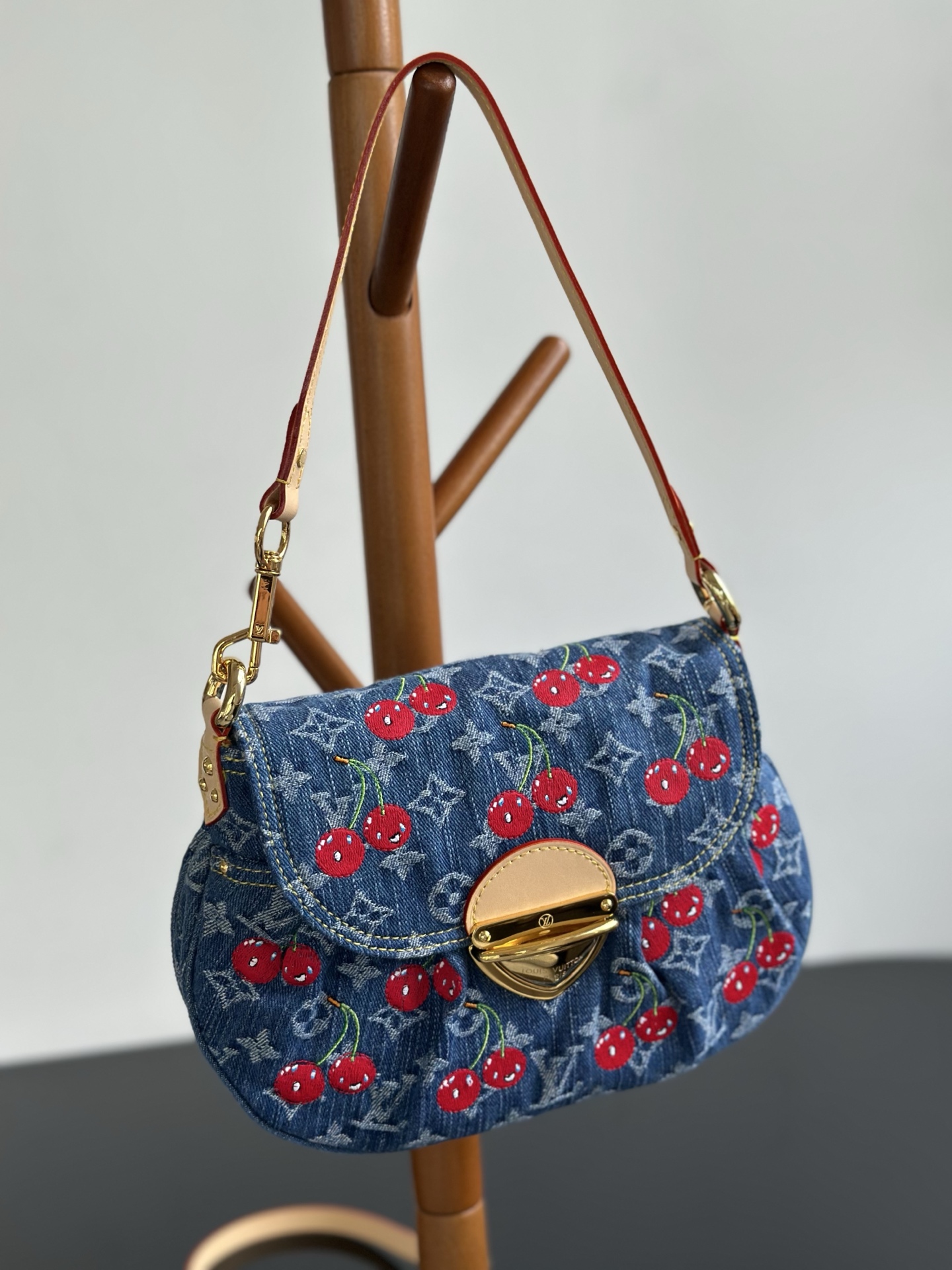 Louis Vuitton Sunset Monogram Denim Bag with Cherry Embroidery & Leather Strap