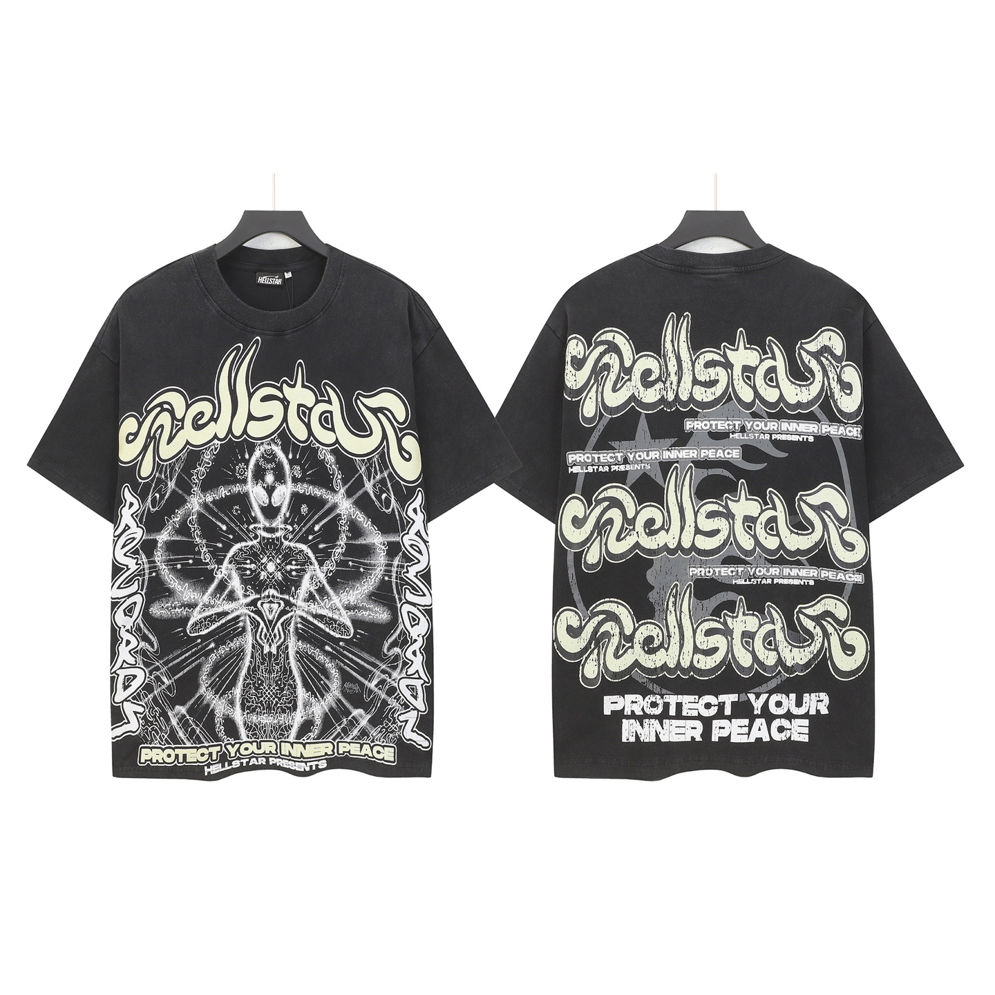 Hellstar Washed Black Graphic Print Cotton T-Shirt, Streetwear Style