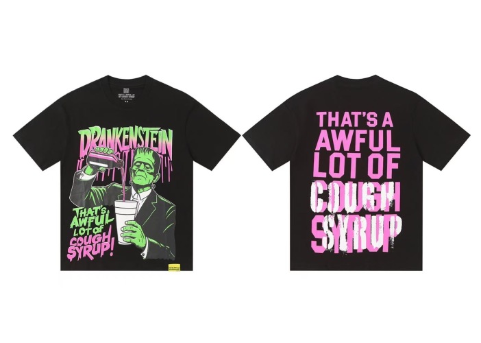 Drankenstein Cough Syrup Graphic Print Crew Neck T-Shirt - Casual Style