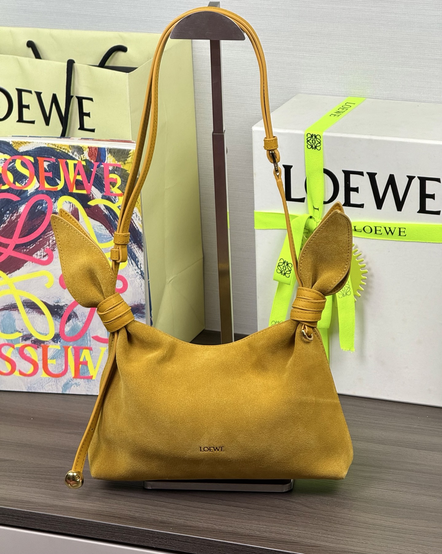 LOEWE Scarf Suede Bag Leather Knot Magnetic Closure Adjustable Shoulder Strap