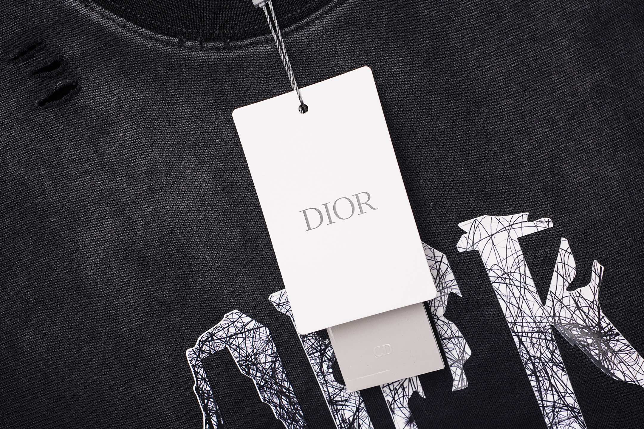 Dior DIOR/迪奥2026手绘炒盐重工艺 刺绣夏季新款 美式酸洗做旧激光烧花贴布绣情侣休闲短袖T恤