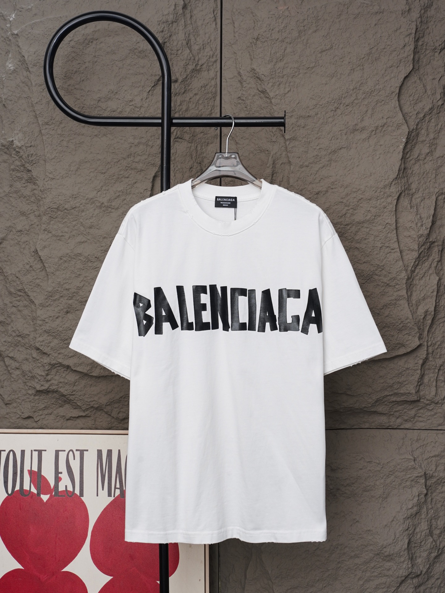 Balenciaga p184Balenciaga/巴黎世家2026银色胶带夏季新款 美式酸洗做旧激光烧花贴布绣情侣休闲短袖T恤