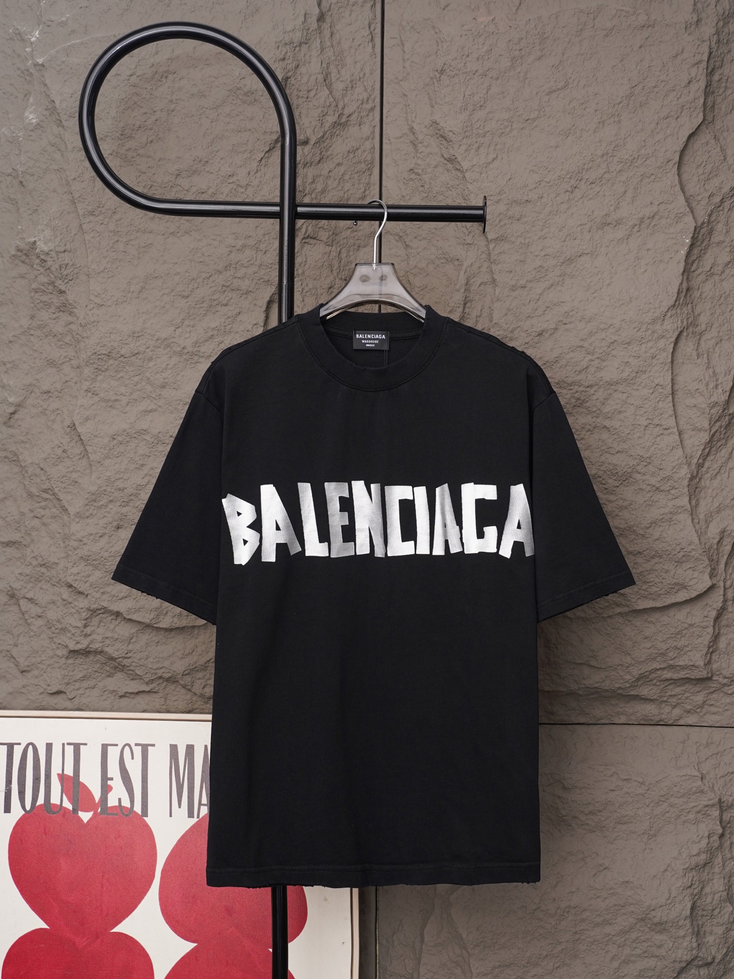 Balenciaga p184Balenciaga/巴黎世家2026银色胶带夏季新款 美式酸洗做旧激光烧花贴布绣情侣休闲短袖T恤