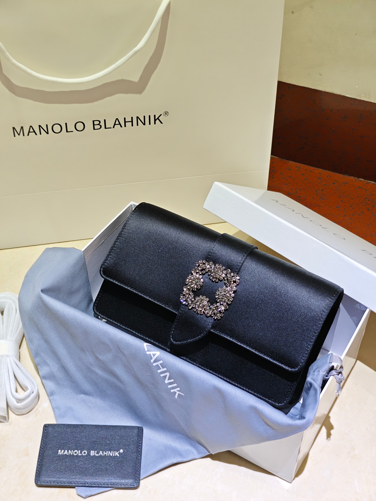 Manolo Blahnik Black Satin Evening Bag with Crystal Buckle - Elegant Clutch 2 a1703165343153 4085