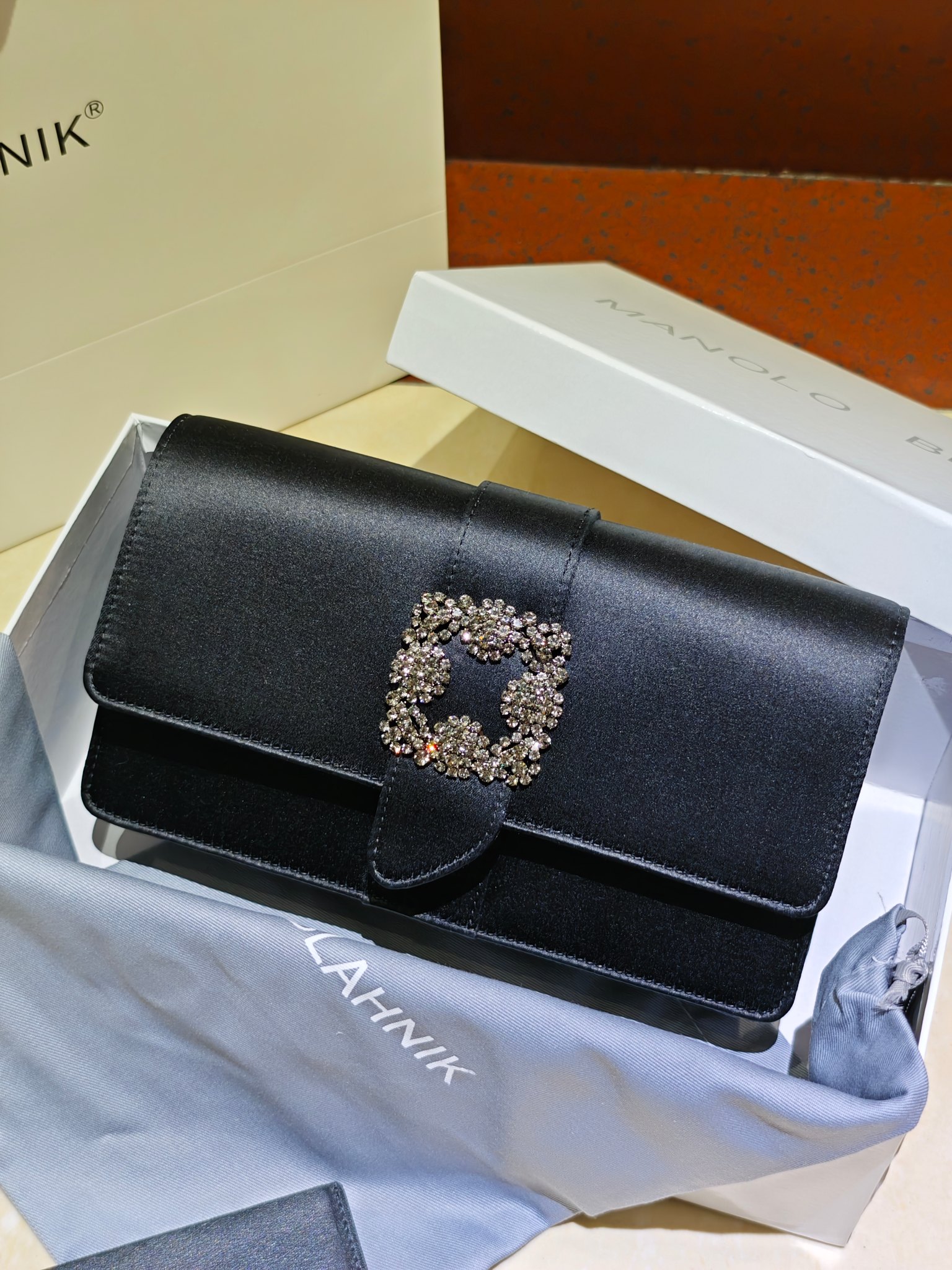 Manolo Blahnik Black Satin Evening Bag with Crystal Buckle - Elegant Clutch 3 a1703165343226 4474