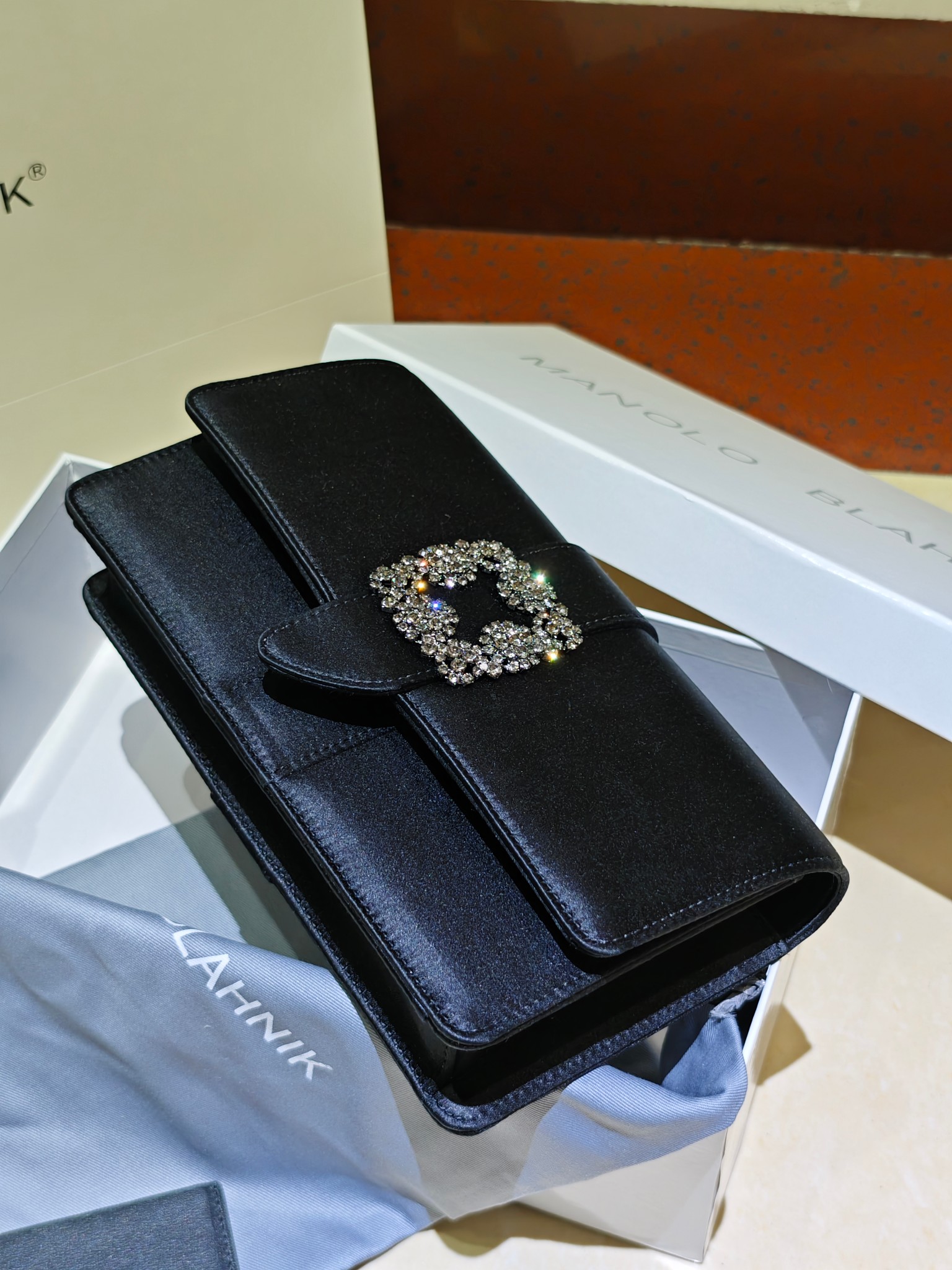 Manolo Blahnik Black Satin Evening Bag with Crystal Buckle - Elegant Clutch 5 a1703165343273 2546