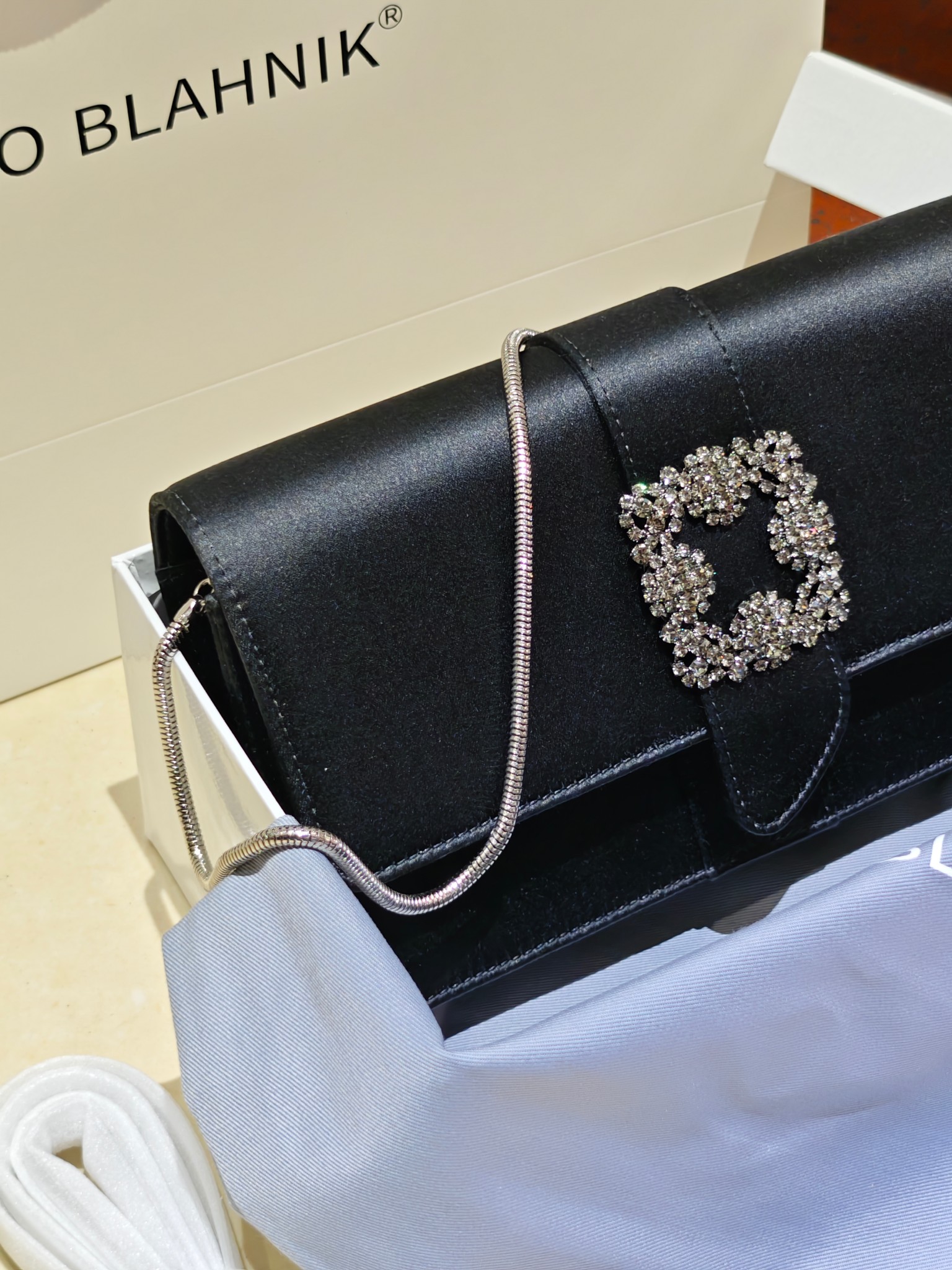 Manolo Blahnik Black Satin Evening Bag with Crystal Buckle - Elegant Clutch 8 a1703165344786 6428