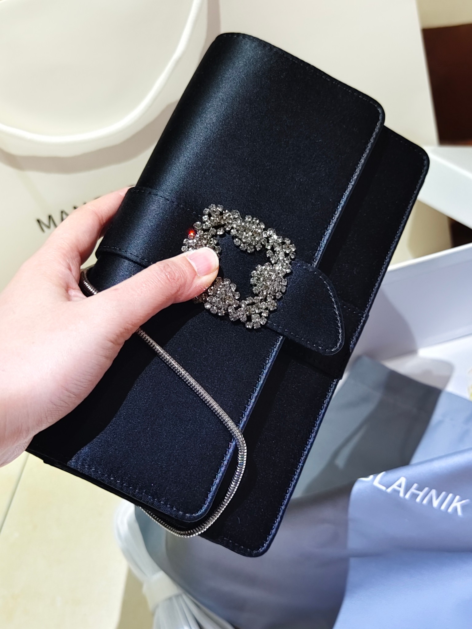 Manolo Blahnik Black Satin Evening Bag with Crystal Buckle - Elegant Clutch 9 a1703165433862 6387