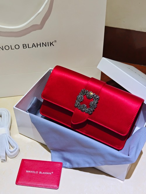 Manolo Blahnik Evening Clutch Red Satin Crystal Buckle Flap Bag