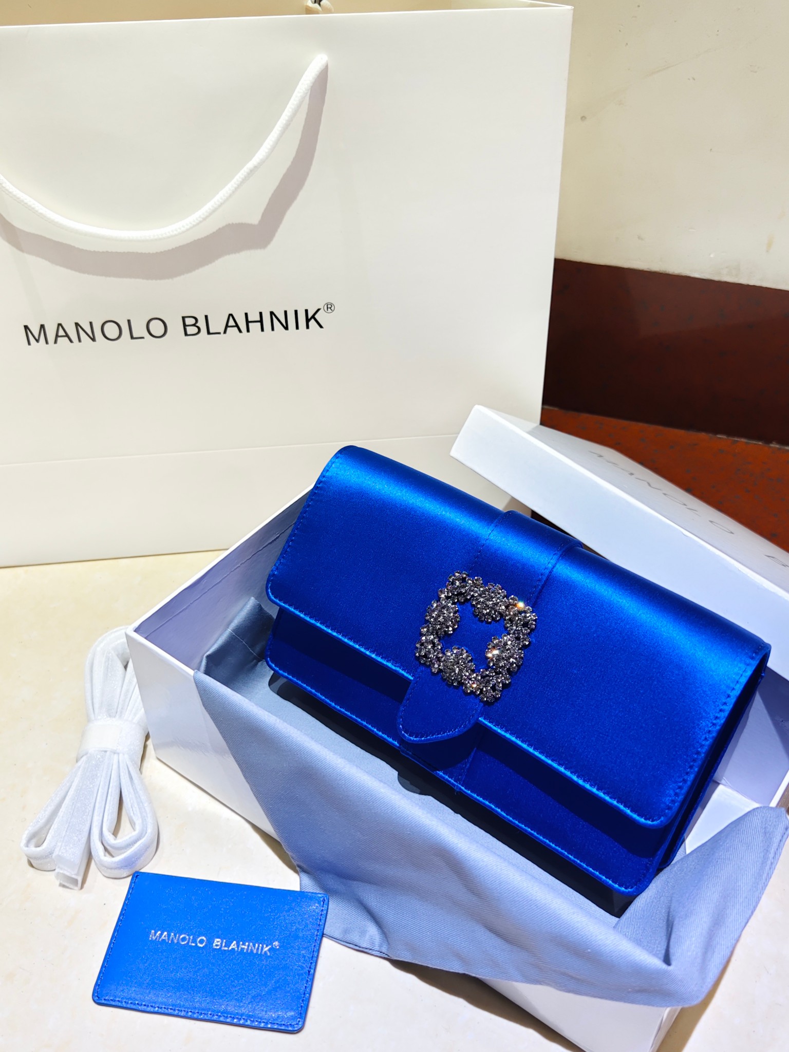 Manolo Blahnik Blue Satin Evening Bag with Crystal Buckle - Elegant Clutch