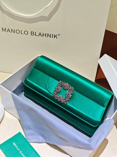 Manolo Blahnik Green Satin Evening Bag with Crystal Buckle and Chain Strap