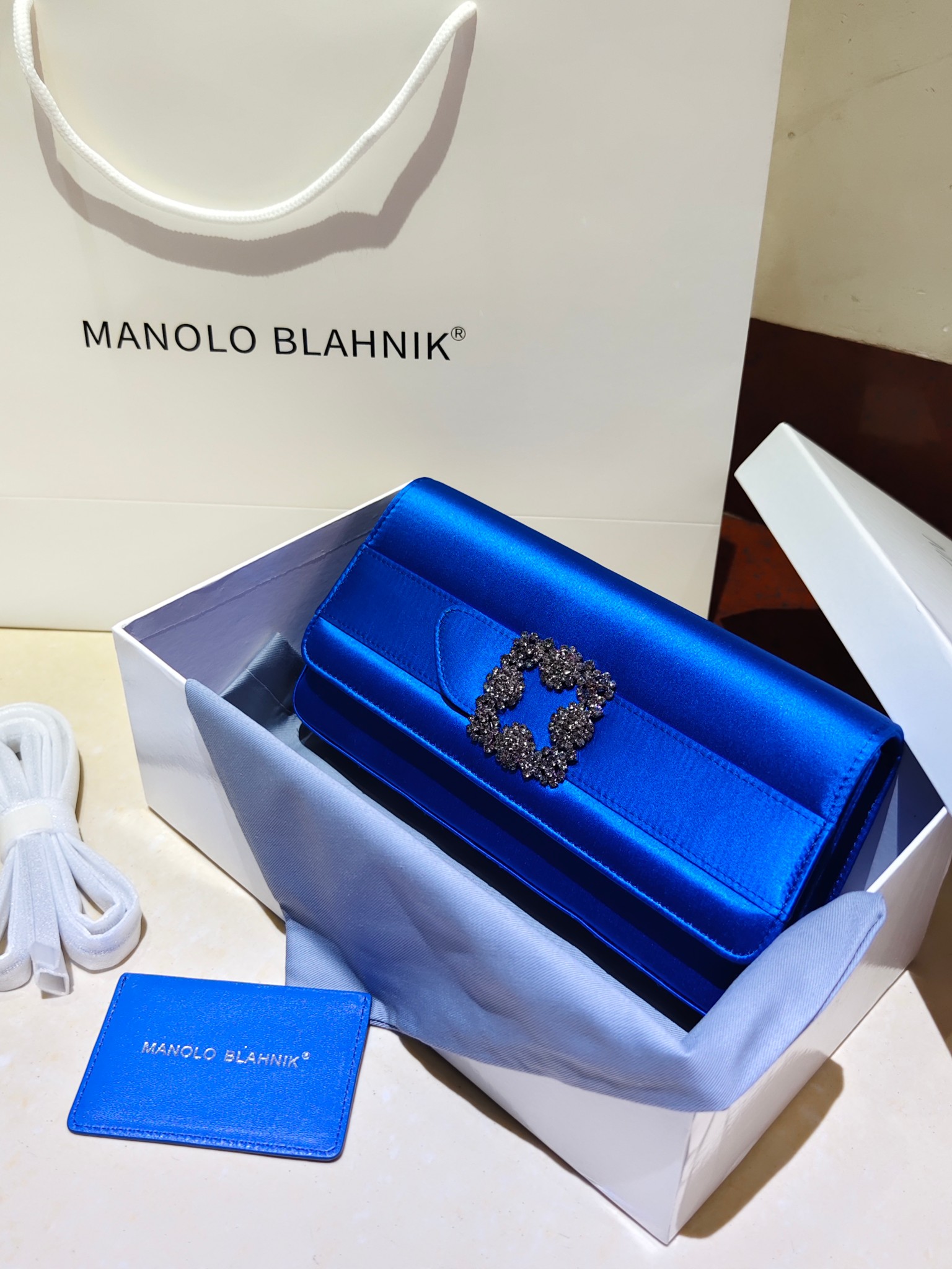 Manolo Blahnik Clutch Evening Bag Blue Satin Crystal Buckle, Removable Chain
