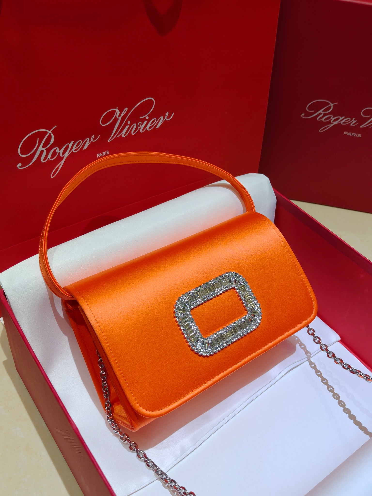 Roger Vivier Pilgrim Silk Satin Mini Bag with Crystal Buckle - Orange