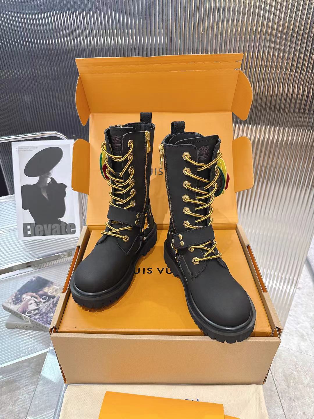 LV x Timberland Black Leather Ankle Boots with Hamburger Charm for Women 4 a1757509272684 5777