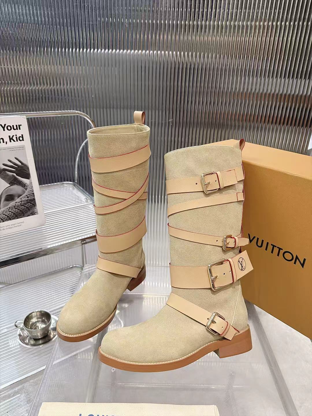 Louis Vuitton Cream Suede Multi Buckle Knee Boots