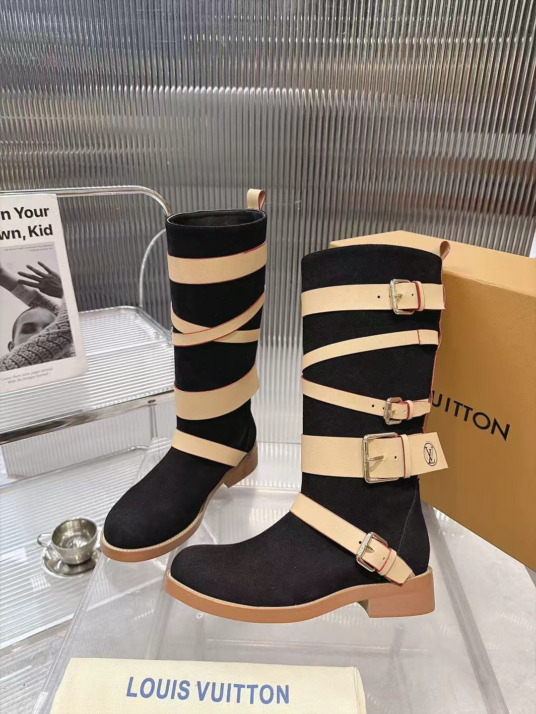 Louis Vuitton Black Suede Multi Strap Knee Boots