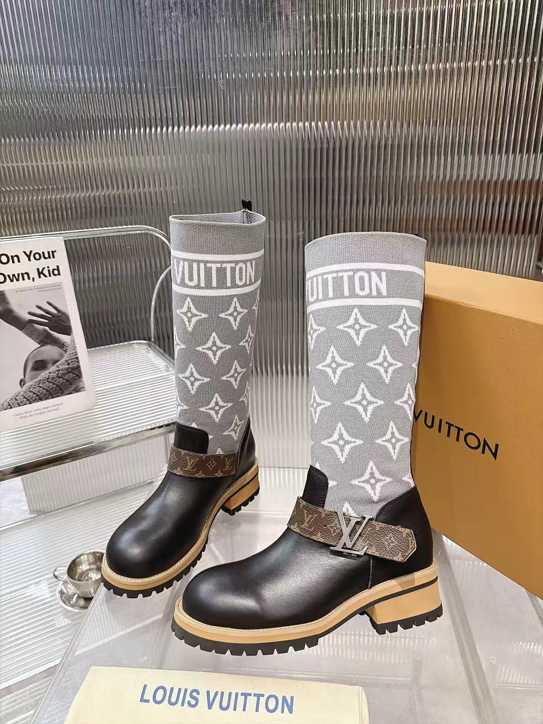 Louis Vuitton Gray Knit Monogram Strap Knee Boots