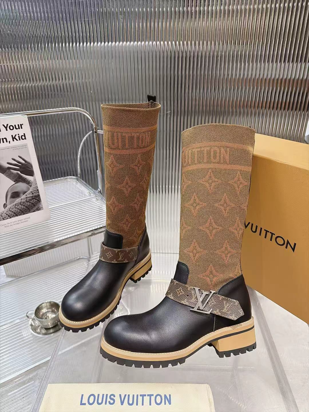 Louis Vuitton Brown Knit Monogram Strap Knee Boots