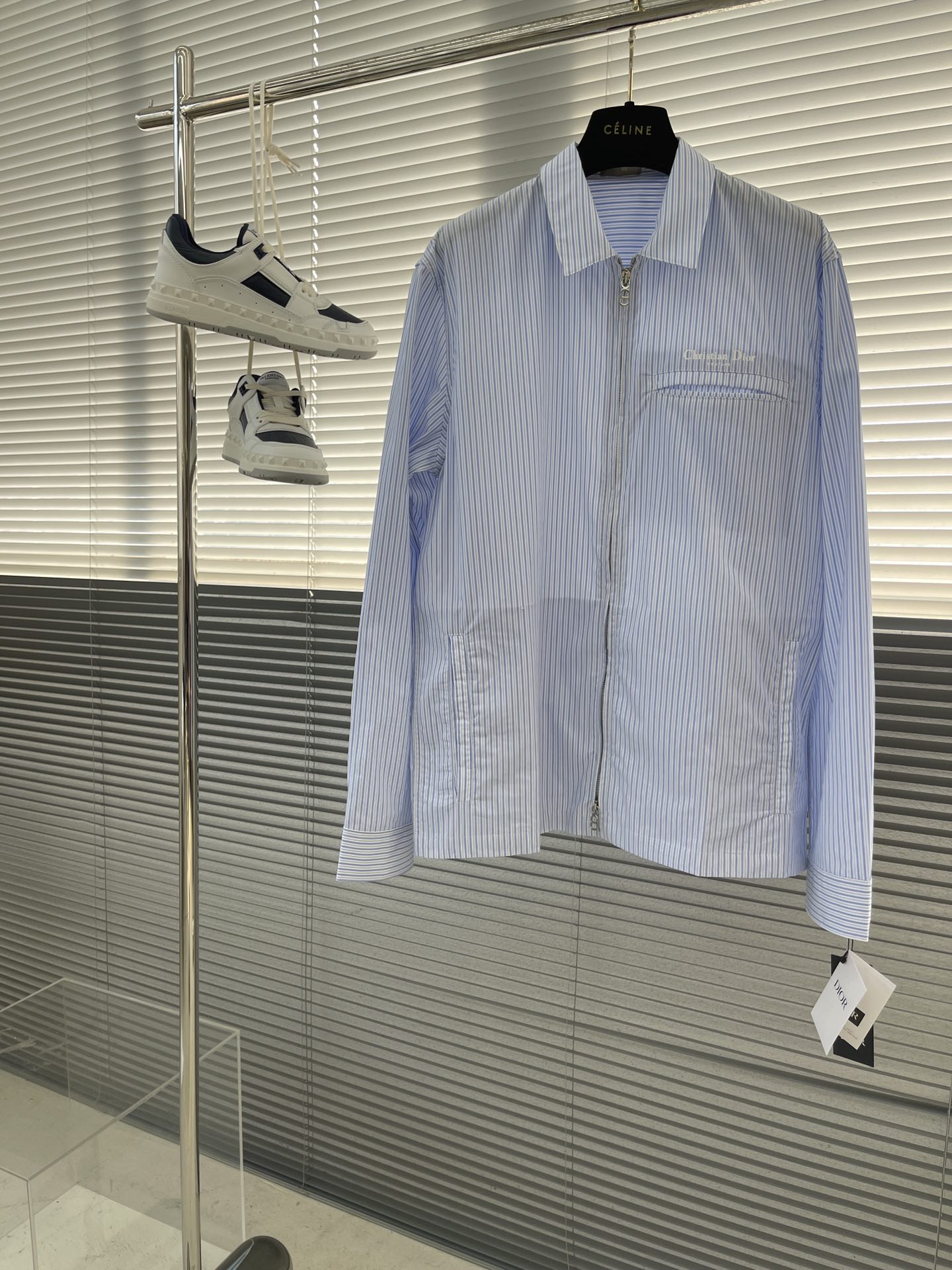Celine Men's Blue Striped Cotton Poplin Zip-Up Shirt 1 i1705482486 404 1