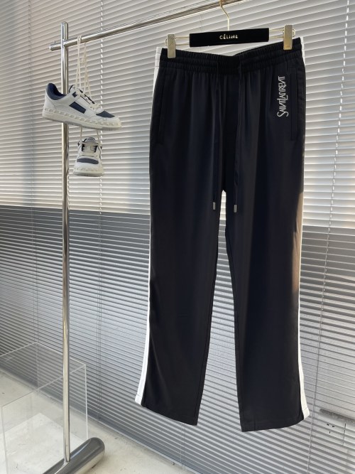 Saint Laurent Men's Black Track Pants with White Side Stripe, Silky and Comfortable 1 Saint Laurent Men's Black Track Pants with White Side Stripe, Silky and Comfortable