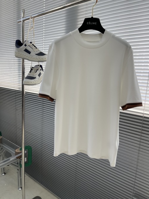 Celine Women's White Cotton Short Sleeve T-Shirt with Brown Trim 1 Celine Women's White Cotton Short Sleeve T-Shirt with Brown Trim