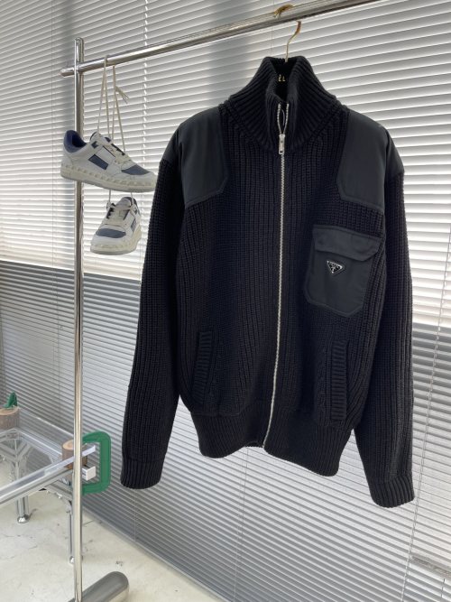 Prada Wool Knit Zip-Up Cardigan Sweater with Enamel Triangle Logo 1 Prada Wool Knit Zip-Up Cardigan Sweater with Enamel Triangle Logo
