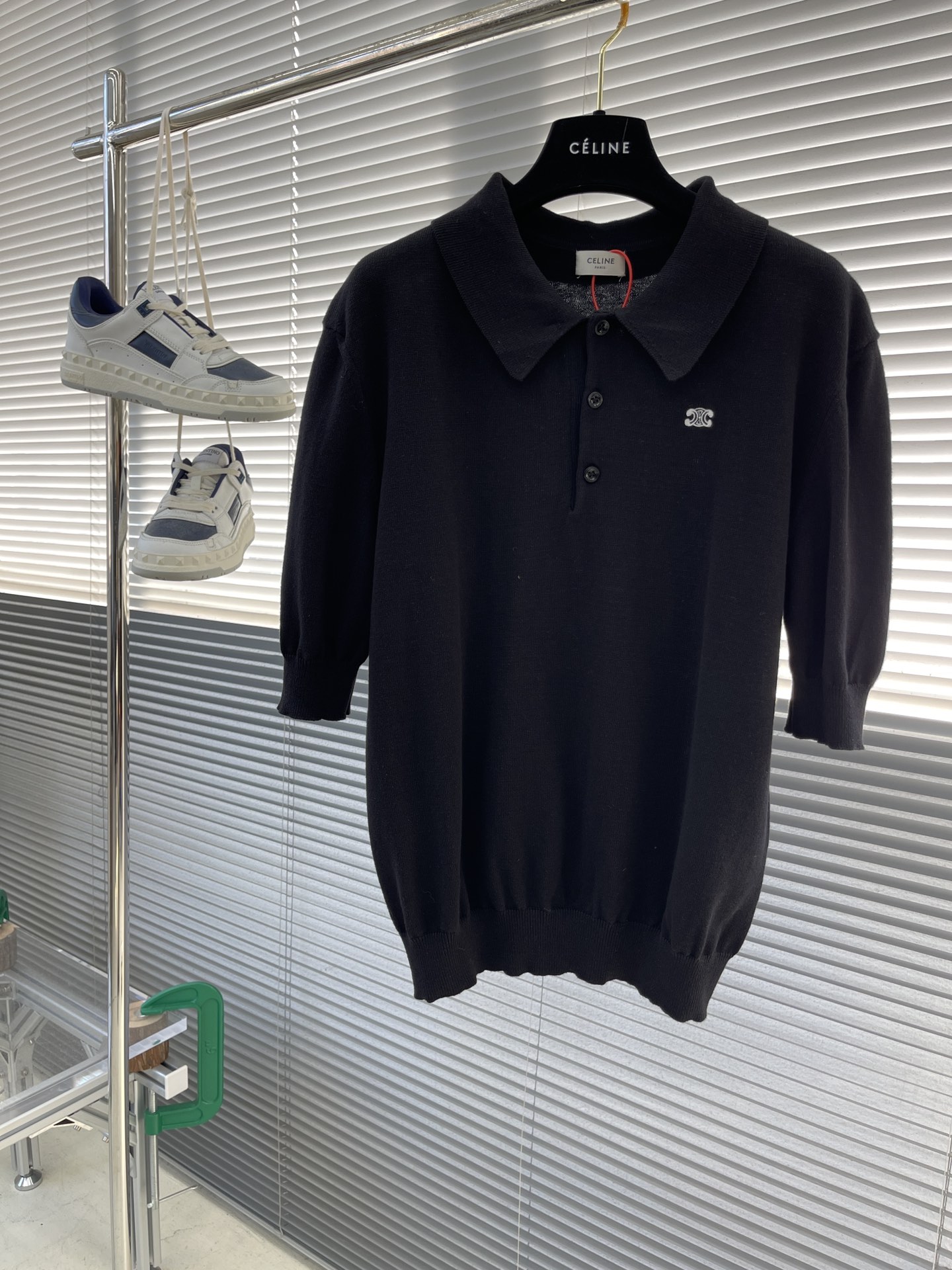 Celine Women's Black Polo Shirt with Triomphe Logo - Short Sleeve Knit Top