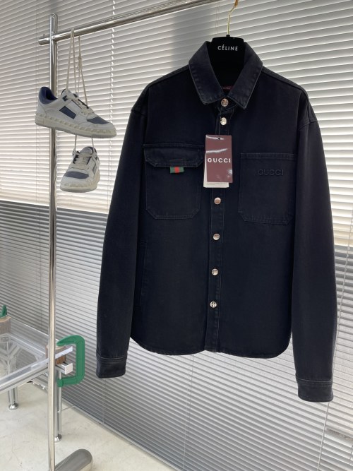 Gucci Men's Denim Shirt Jacket With Embroidered Logo and Web Detail 1 Gucci Men's Denim Shirt Jacket With Embroidered Logo and Web Detail