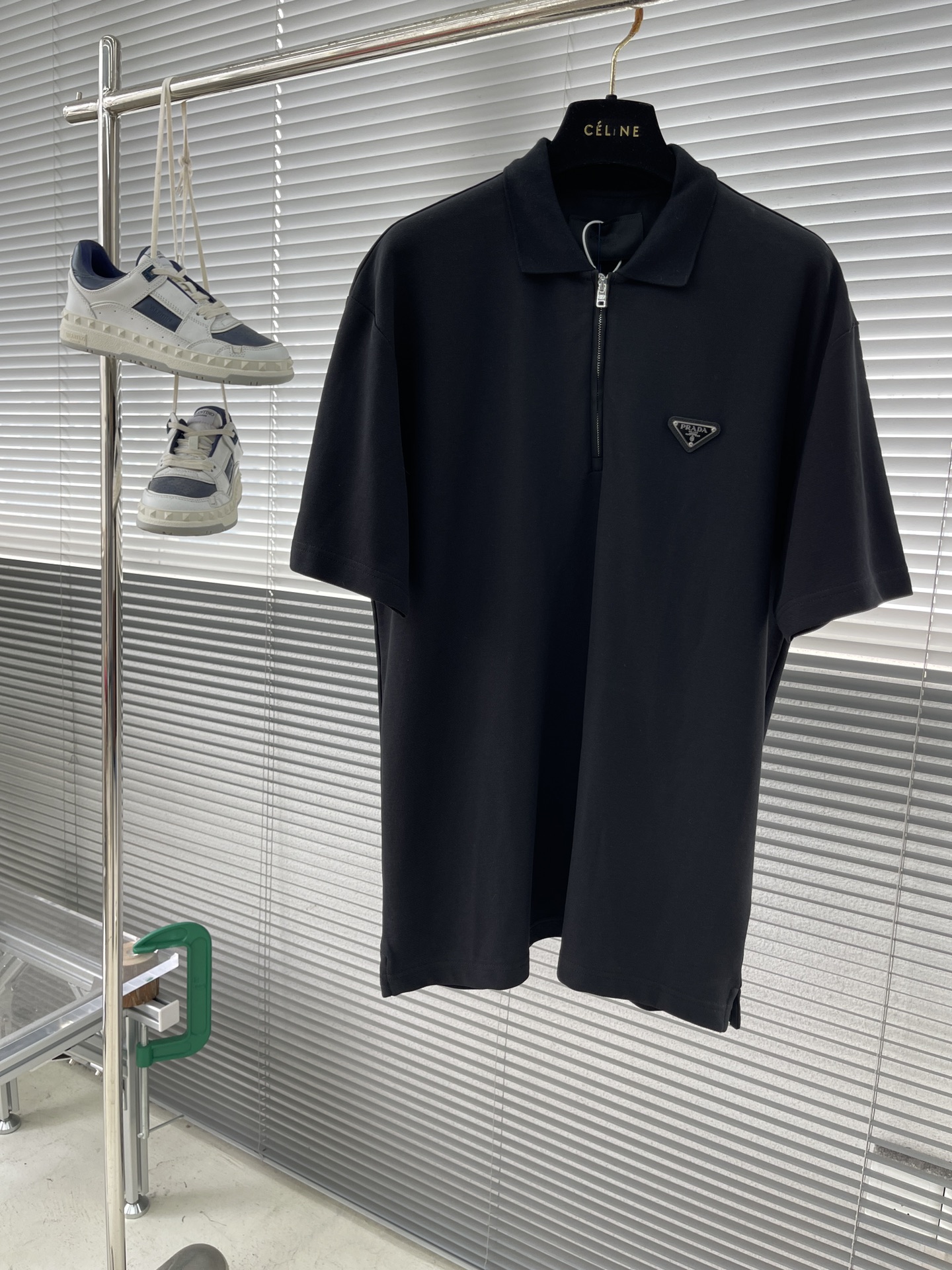 Prada Men's Black Polo Shirt with Zipper and Triangle Logo - Elegant & Stylish