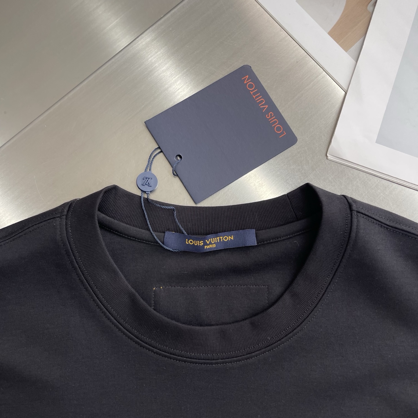Louis Vuitton Men's Black Cotton T-Shirt with Rhinestone Logo - Casual Style 3 i1745502806640 1722 0 0