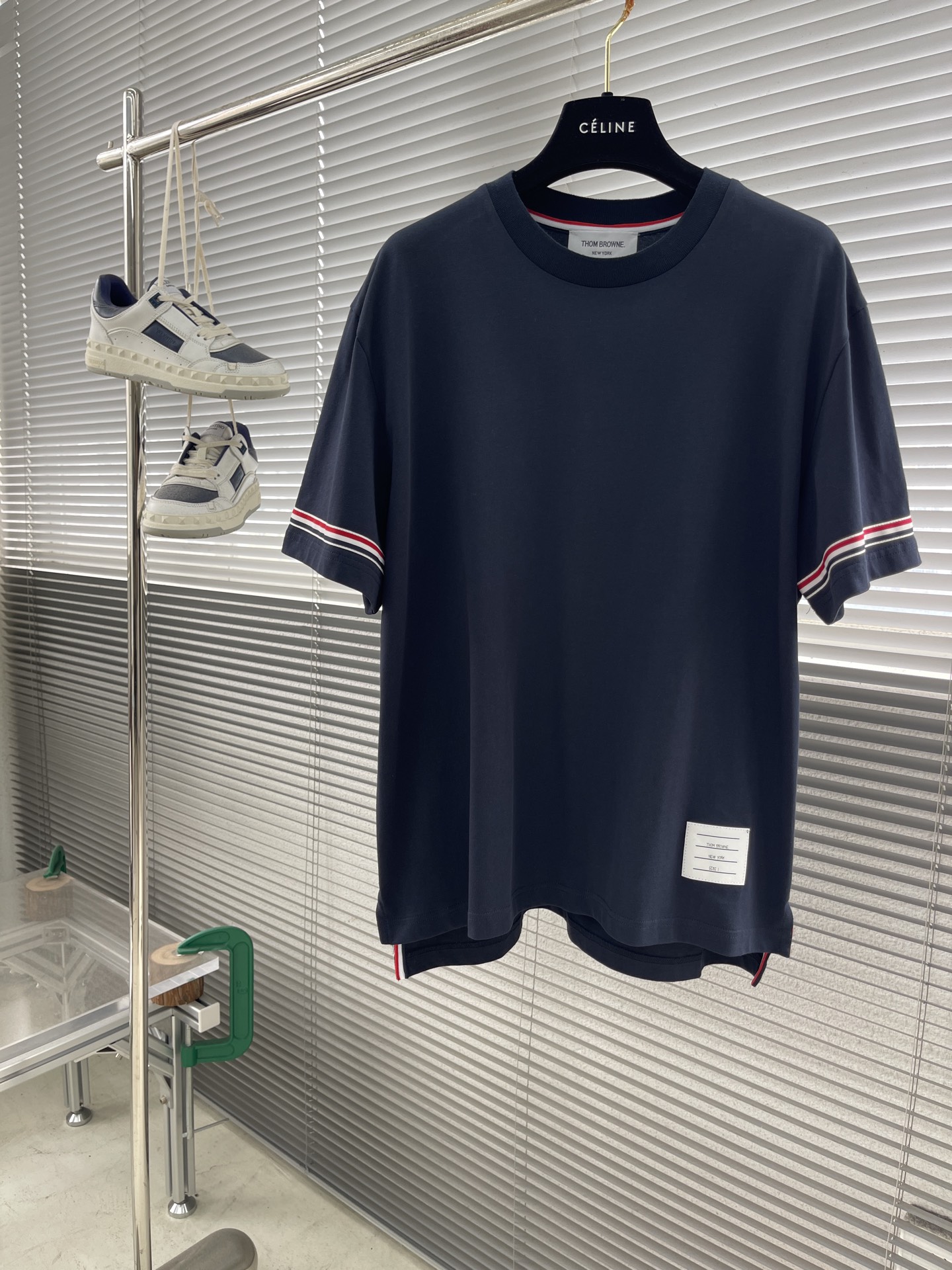 Thom Browne Men's Navy Cotton T-Shirt with Tri-Color Armbands and Hi-Lo Hem