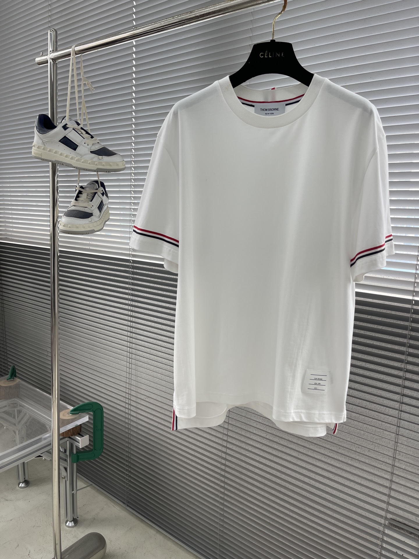 Thom Browne White Cotton T-Shirt with Tricolor Sleeve Stripe Detail
