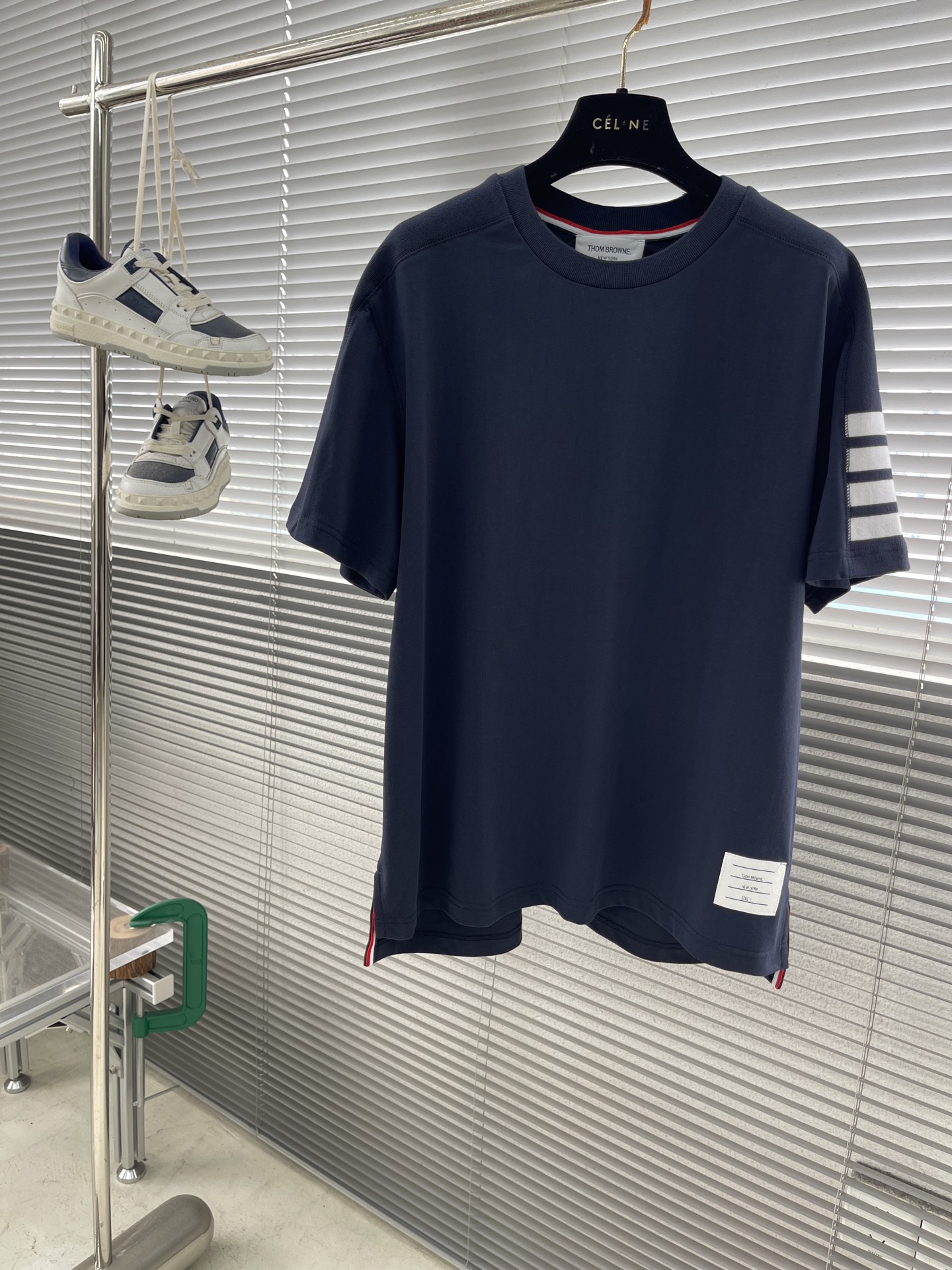 Thom Browne Four-Bar Short Sleeve T-Shirt, Ribbed, Navy, Cotton, Unisex