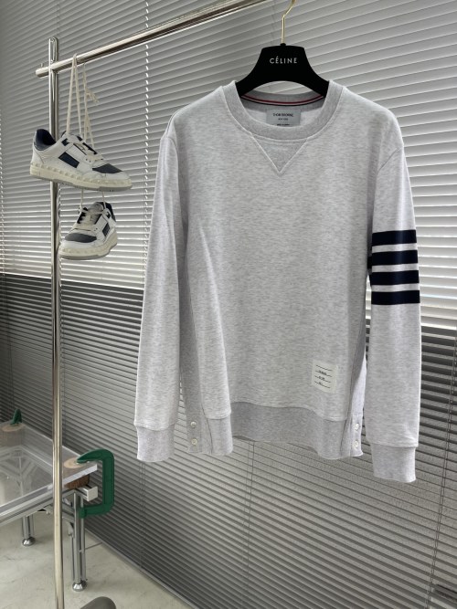 Thom Browne Grey Cotton Loopback Jersey Sweatshirt with Arm Stripes 1 Thom Browne Grey Cotton Loopback Jersey Sweatshirt with Arm Stripes