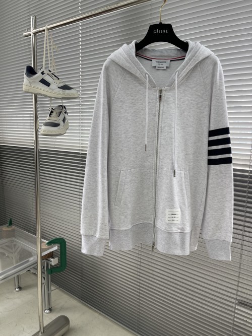 Thom Browne Grey Cotton Loopback Zip-Up Hoodie with Signature 4-Bar 1 Thom Browne Grey Cotton Loopback Zip-Up Hoodie with Signature 4-Bar