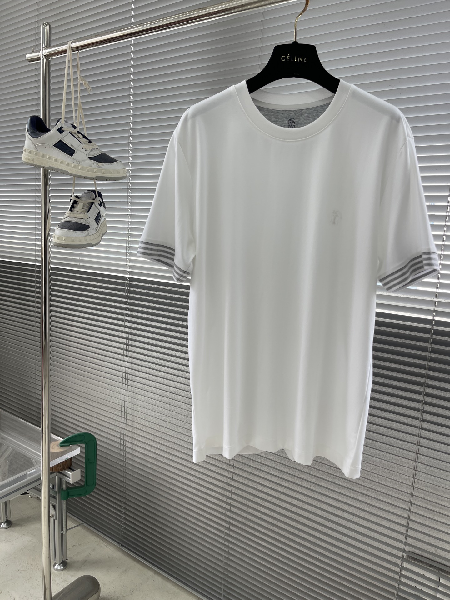 Celine Men's White Cotton Jersey T-Shirt with Striped Cuffs - Casual Comfort 1 i1745818575589 6137 0 5